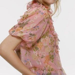 ZARA Pink Floral Ruffle Sheer Blouse SIZE: XS